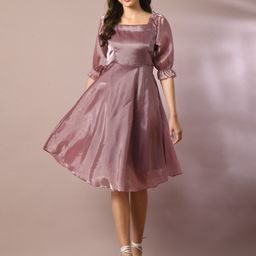 Sangria Flared Square Neck Flared Sleeve Silk Fit & Flare Dress-image-85