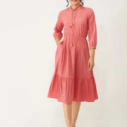 AASK Tie-Up Neck Puff Sleeve Crepe A-Line Midi Dress-image-85