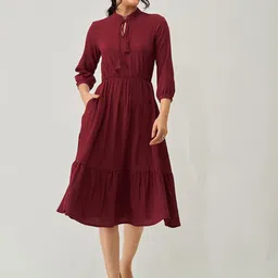 AASK Tie-Up Neck Puff Sleeve Crepe A-Line Midi Dress-image-84