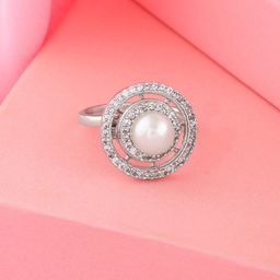 Estele Rhodium-Plated CZ-Studded & Pearl Beaded Adjustable Finger Ring-image-65