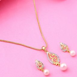 Estele Gold Plated CZ Leaf Designer Pendant Set with Pearl-picture-27