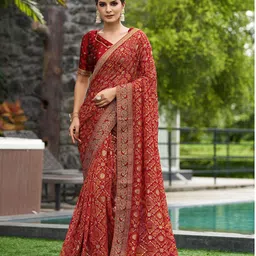 Mitera Red & Gold-Toned Ethnic Motifs Printed Pure Georgette Saree-17