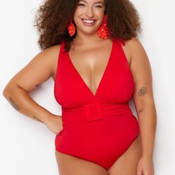 Trendyol Plus Size V-Neck Low Coverage Bodysuit-image-79