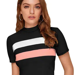 ODETTE Mock Neck Short Sleeves Striped Crepe Crop Top-picture-55