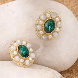 SOHI Green & White Gold Plated Contemporary Studs Earrings-67