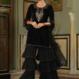 Juniper Women Black Yoke Design Velvet Kurti with Sharara & With Dupatta-image-46