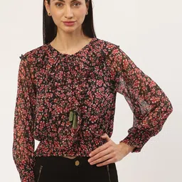 Antheaa Women Red & Black Floral Print Cinched Waist Top-image-60