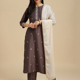 HERE&NOW Grey Ethnic Motifs Embroidered Kurta With Trousers & Dupatta-image-19