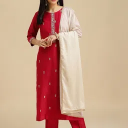 HERE&NOW Pink Ethnic Motifs Embroidered Kurta With Trousers & Dupatta-41