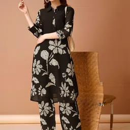 Anouk Floral Printed Shirt Collar Tunic With Flared Palazzos-image-27
