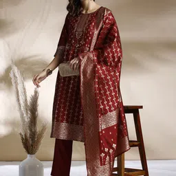 Anouk Zari Woven Design Kurta with Trousers & Dupatta image 4