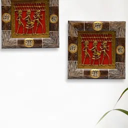 ExclusiveLane 2 Pcs Brown & Gold-Toned Textured Dhokra Work & Warli Hanging Wooden Wall Decor-38