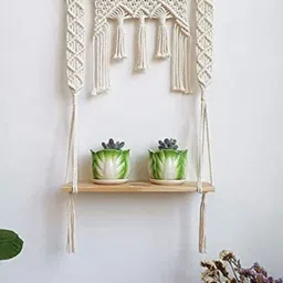 Kaahira Off White Macrame Hanging Wall Shelf With Attached 3-Tier Floating Wooden Planks-picture-18