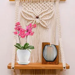 Kaahira Off White Macrame Hanging Wall Shelf With Attached 3-Tier Floating Wooden Planks-picture-19