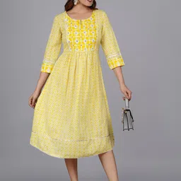 KALINI Geometric Printed Cotton A-Line Midi Dress-21