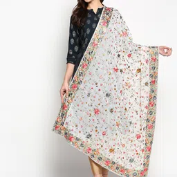 Dupatta Bazaar White & Pink Embroidered Dupatta with Thread Work image 1
