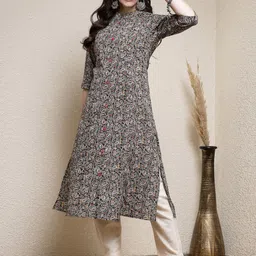 Stylum Black Ethnic Motifs Printed Mandarin Collar Roll-Up Sleeves Cotton A-Line Kurta-24