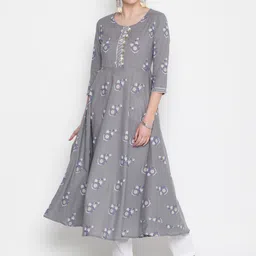GLAM ROOTS Women Grey Floral Printed Floral Anarkali Kurta-image-85