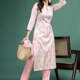 Ramas Floral Printed Keyhole Neck Cotton Strigth Kurta-image-19