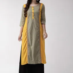 RANGMAYEE Colourblocked Round Neck Sleeves Three-Quarter Sleeves Thread Work Cotton Kurta-picture-4