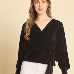 TANDUL Solid V-Neck Velvet Wrap Top-image-97