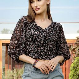 Sera Women Black Floral Print Georgette Wrap Top-picture-10