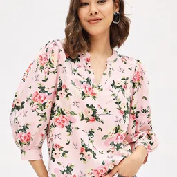 Harpa Floral Printed Mandarin Collar Puff Sleeves Top-picture-33