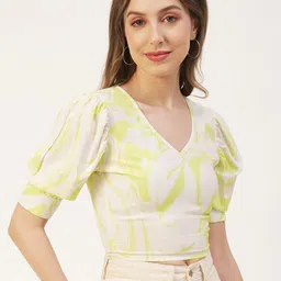 Moomaya Abstract Printed Puff Sleeve Crop Top-image-3