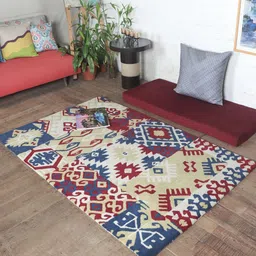 ZEBA Blue & Red Ethnic Motifs Printed Rectangle Shaped Hand-Tufted Woollen Carpet-7