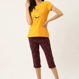 Sweet Dreams Women Mustard Yellow & Maroon Printed Pure Cotton Night suit-image-40