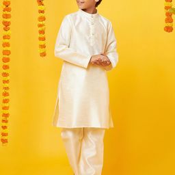 BonOrganik Boys Band Collar Pure Silk Straight Kurta with Pyjamas-image-33