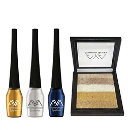 AYA Set of 3 Waterproof Liquid Eyeliner 5ml Each & Shimmer Brick Highlighter 03 image 1