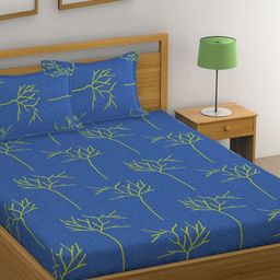 Huesland Blue & Green Floral Printed 144 TC Cotton King Bedsheet With 2 Pillow Covers-image-73
