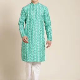 SOJANYA Men Green & White Ethnic Motifs Embroidered Kurta-picture-58