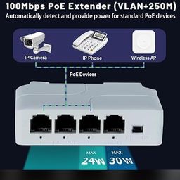 wiredcom 4 Port PoE Extender, 1 PoE in 3 PoE Out, IEEE802.3af/at PoE Powered Passthrough Switch, 100Mbps Ethernet, DIN Rail & Wall Mount image 2