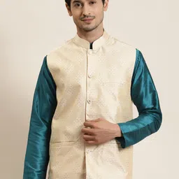 SOJANYA Men Cream & Golden Woven Design Nehru Jacket-image-52