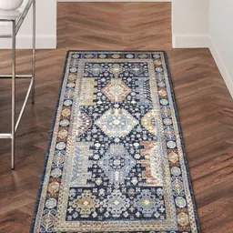 OBSESSIONS Navy Blue & Yellow Ethnic Anti Static Floor Runner-8
