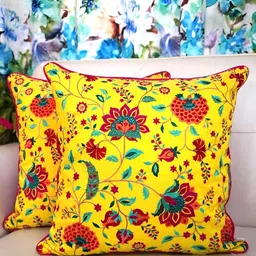 TARA- Sparkling Homes Yellow & Red Set of 2 Embroidered Square Cushion Covers-0
