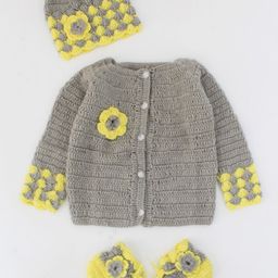 Woonie Unisex Kids Set Of 3 Grey & Yellow Sweater With applique Detail-image-3