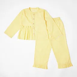 BLANC9 Girls Yellow & White Striped Butterfly Buttoned-Frilled Pure Cotton Night suit-image-37