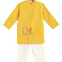 Tiber Taber Boys Animal Embroidered Angrakha Thread Work Pure Cotton Kurta with Pyjamas-23