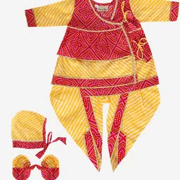 BownBee Girls Yellow & Red Bandhani & Leheriya Printed Kurta With Dhoti Pants-image-23