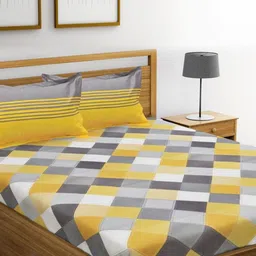 Huesland Yellow & Grey Geometric 144 TC Cotton King Bedsheet With 2 Pillow Covers-image-38