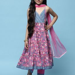 Biba Girls Floral Printed Shoulder Straps Angrakha Kurta with Palazzos & With Dupatta-image-100