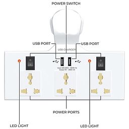 Obedient Extension Board with 2-Type USB 3-Plug Socket with Individual Switch-2 (100-250VAC 50-60Hz)-Direct Plugin Extension Box Spike Guard -2500W (White) image 3