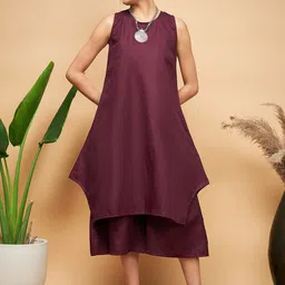 InWeave Burgundy Pure Cotton A-Line Kurta With Palazzos-30