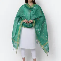 LOOM LEGACY Green & White Woven Design Cotton Silk Dupatta with Zari-32
