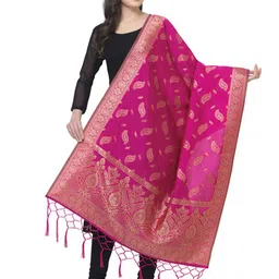 MORLY Women Pink & Gold-Toned Ethnic Motifs Woven Design Banarasi Silk Dupatta with Tassel-picture-26