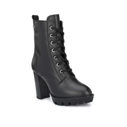 Delize Black Women High Heel Vegan Leather Derby Boots-picture-1
