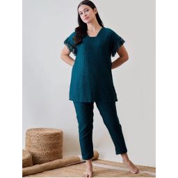 The Kaftan Company Teal Green Textured Lace Ruffled Top and Pajama-picture-13